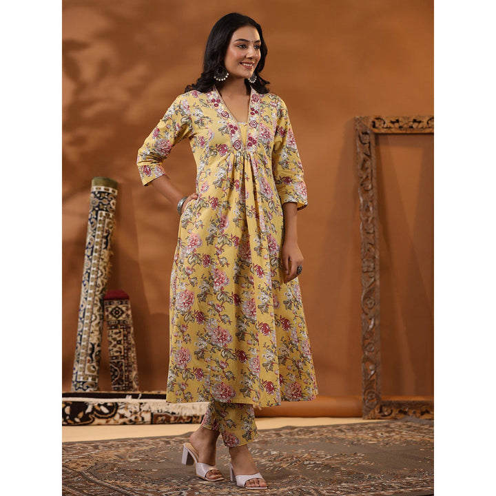 FASHOR Floral Printed Kurta with Pants - Yellow (Set of 2)