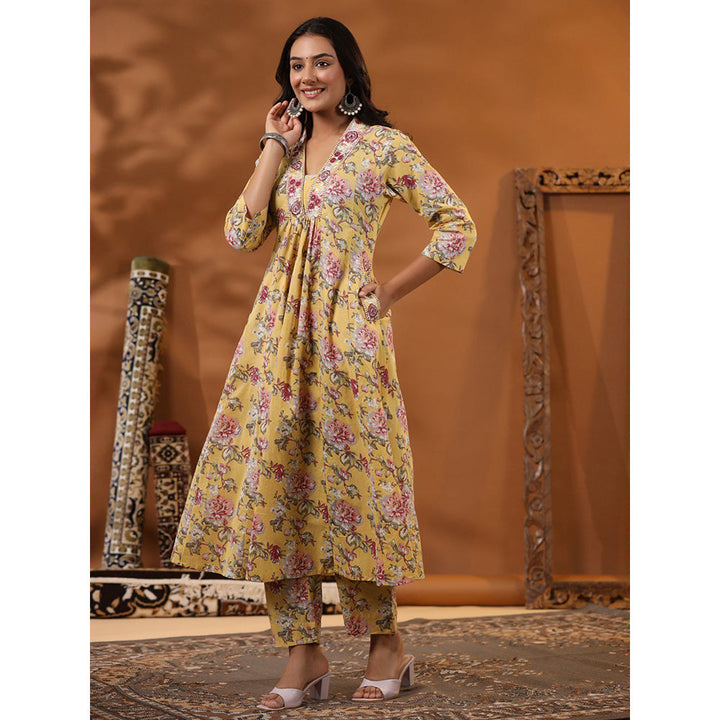 FASHOR Floral Printed Kurta with Pants - Yellow (Set of 2)