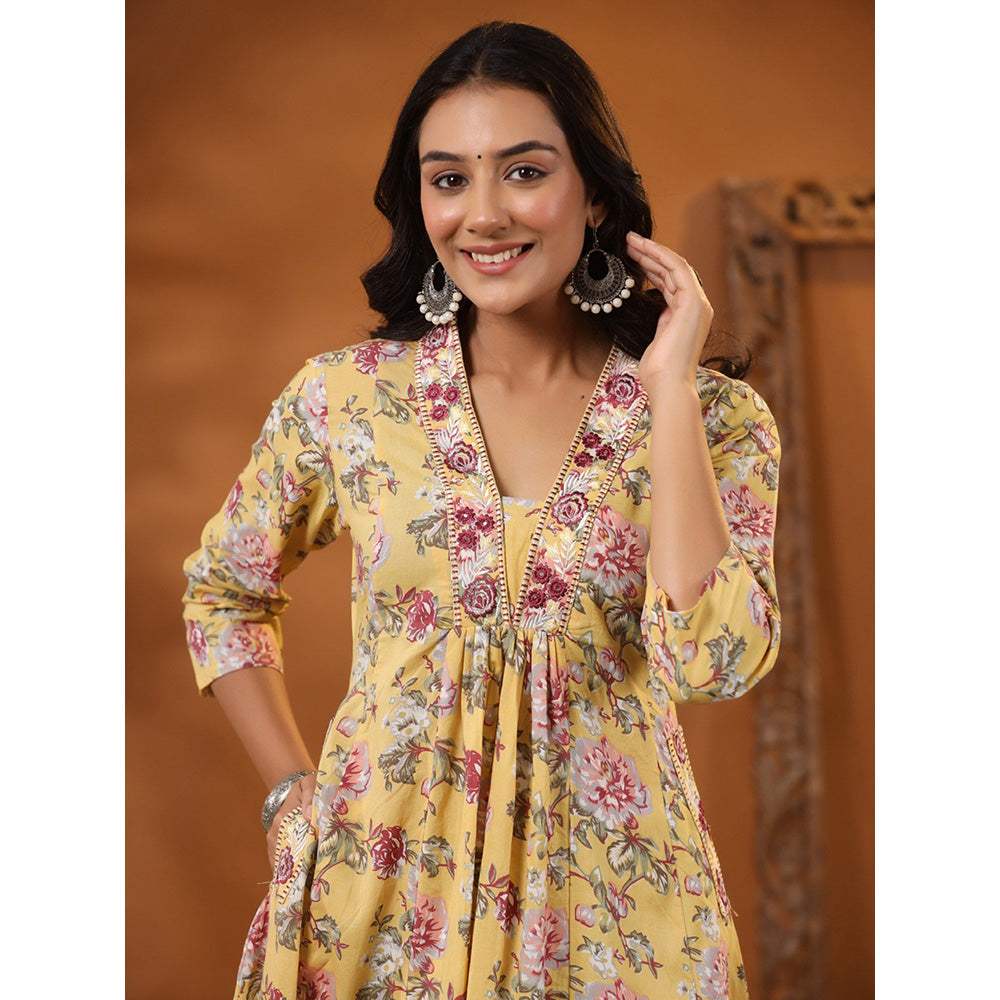 FASHOR Floral Printed Kurta with Pants - Yellow (Set of 2)