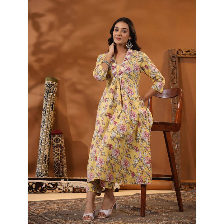 FASHOR Floral Printed Kurta with Pants - Yellow (Set of 2)