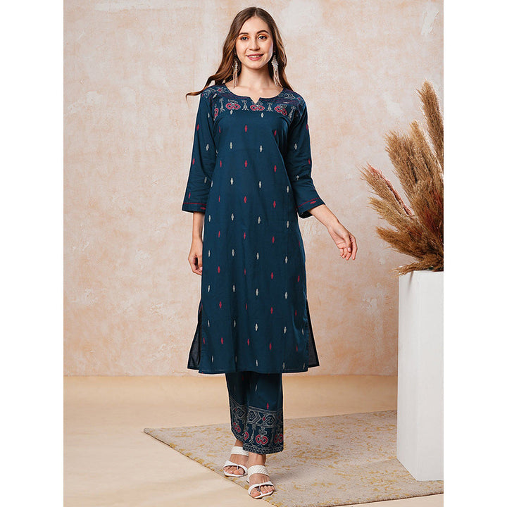 FASHOR Abstract Printed Resham Kurta with Pants - Blue (Set of 2)