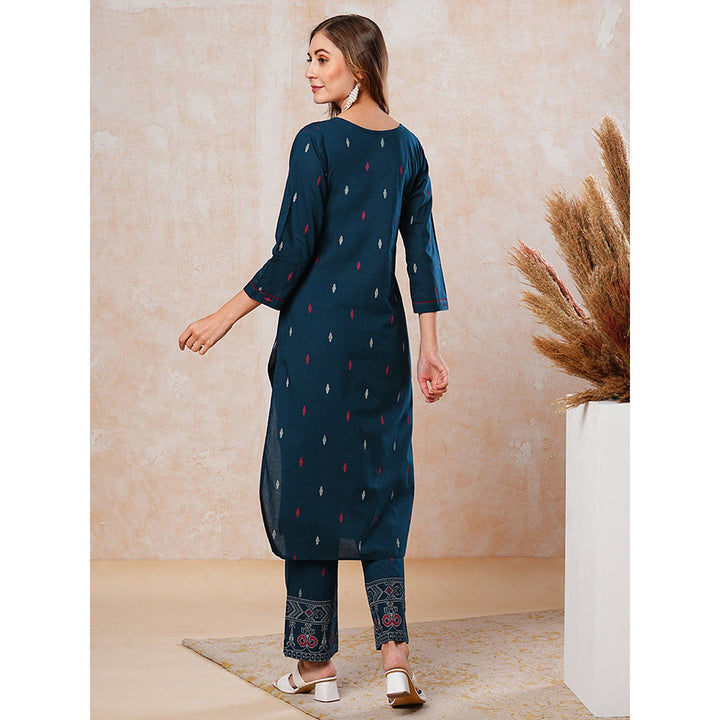 FASHOR Abstract Printed Resham Kurta with Pants - Blue (Set of 2)