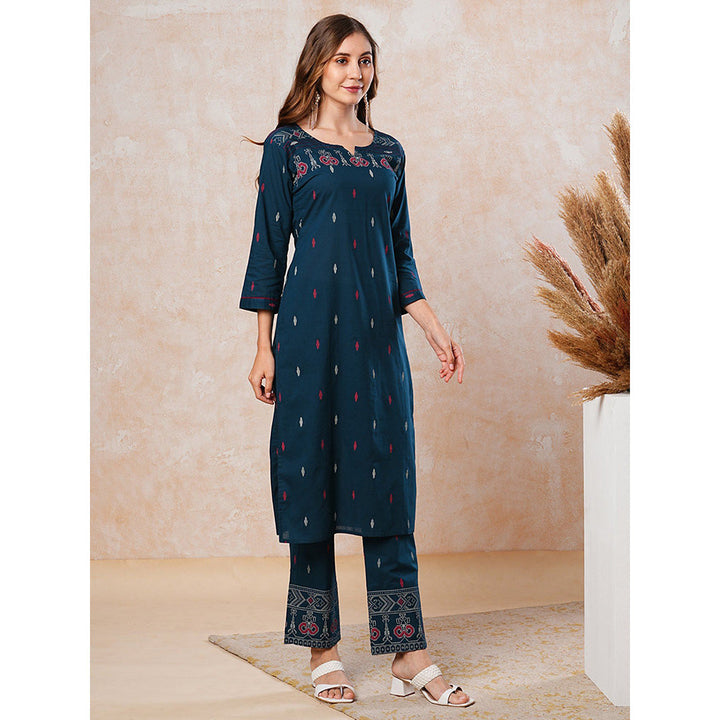 FASHOR Abstract Printed Resham Kurta with Pants - Blue (Set of 2)