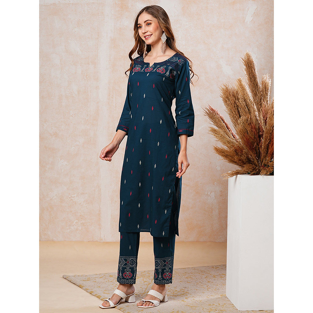 FASHOR Abstract Printed Resham Kurta with Pants - Blue (Set of 2)