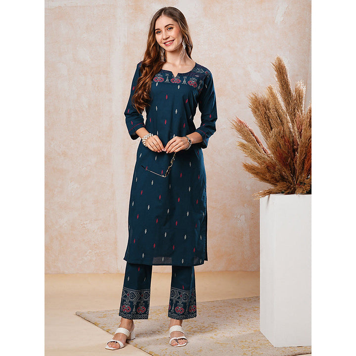 FASHOR Abstract Printed Resham Kurta with Pants - Blue (Set of 2)