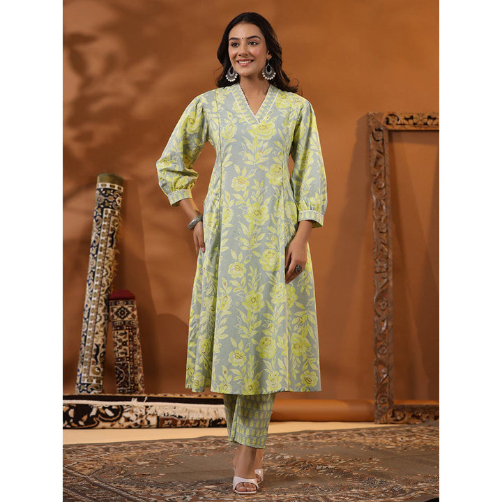 FASHOR Ethnic Floral Foil Printed Kurta with Pant - Mint Green (Set of 2)