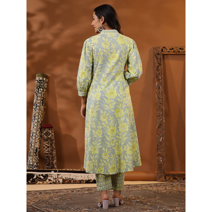 FASHOR Ethnic Floral Foil Printed Kurta with Pant - Mint Green (Set of 2)