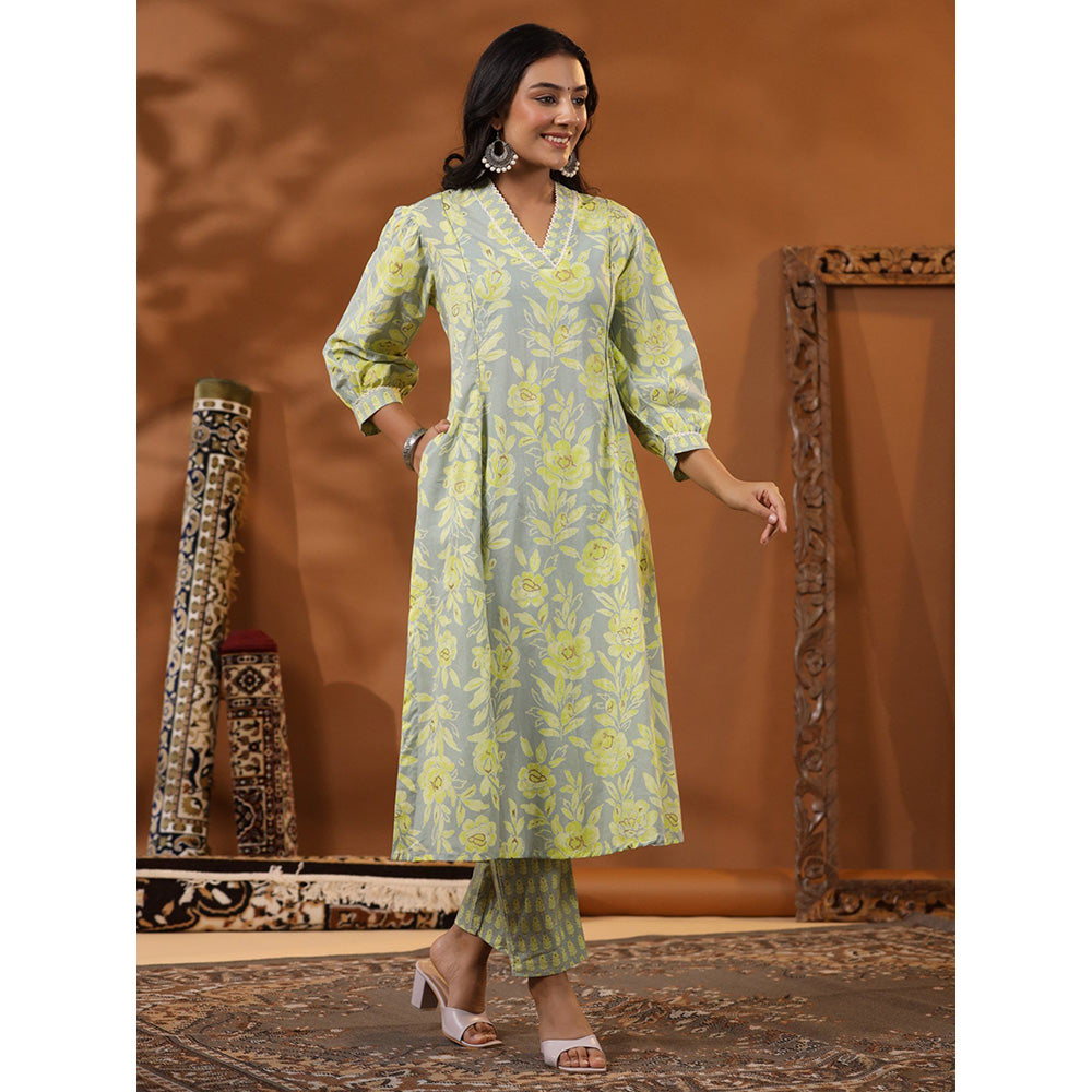 FASHOR Ethnic Floral Foil Printed Kurta with Pant - Mint Green (Set of 2)