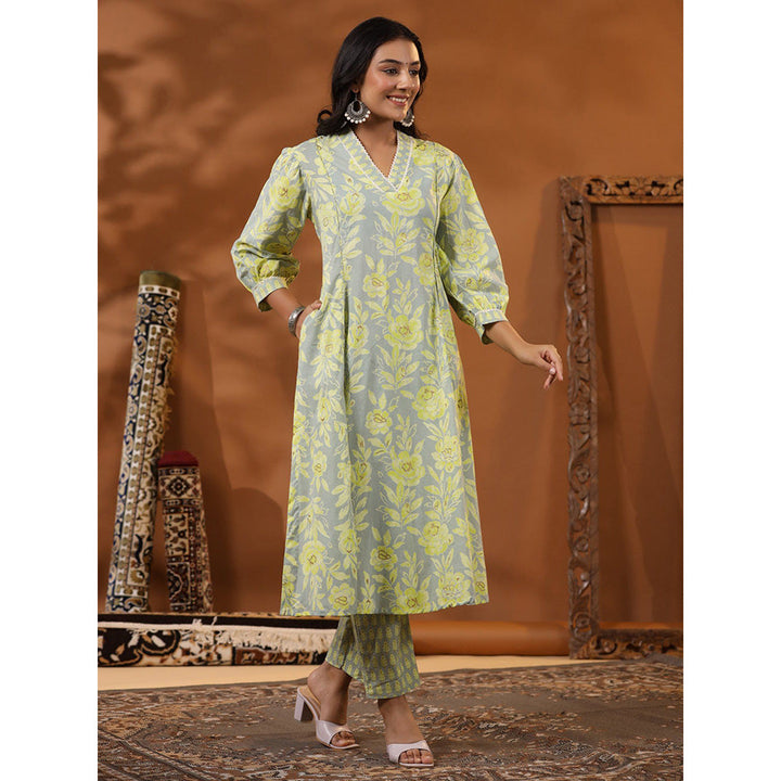 FASHOR Ethnic Floral Foil Printed Kurta with Pant - Mint Green (Set of 2)