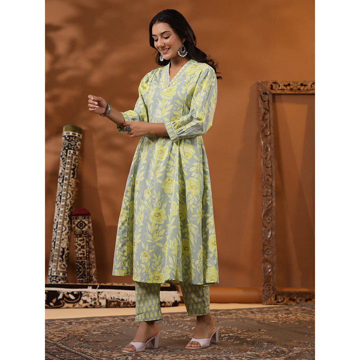 FASHOR Ethnic Floral Foil Printed Kurta with Pant - Mint Green (Set of 2)