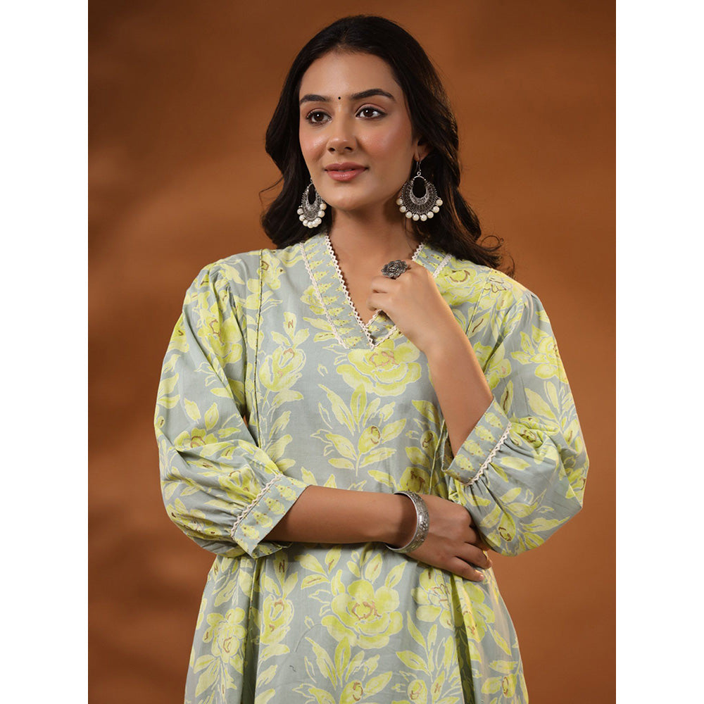 FASHOR Ethnic Floral Foil Printed Kurta with Pant - Mint Green (Set of 2)