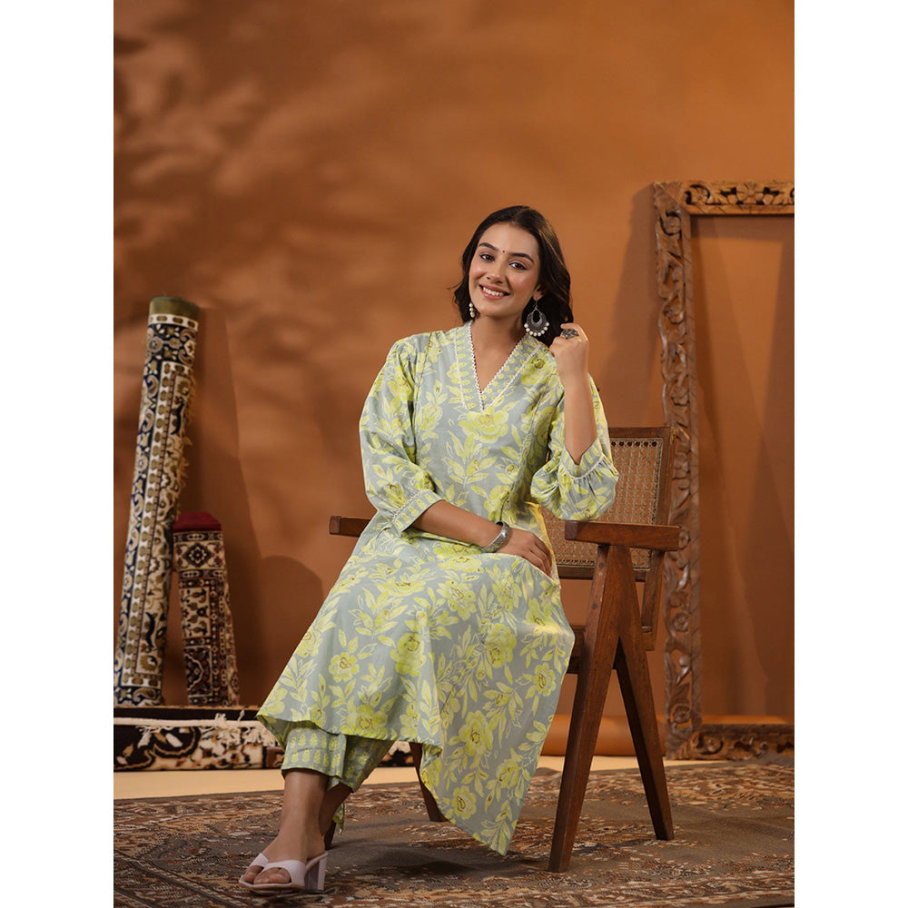 FASHOR Ethnic Floral Foil Printed Kurta with Pant - Mint Green (Set of 2)