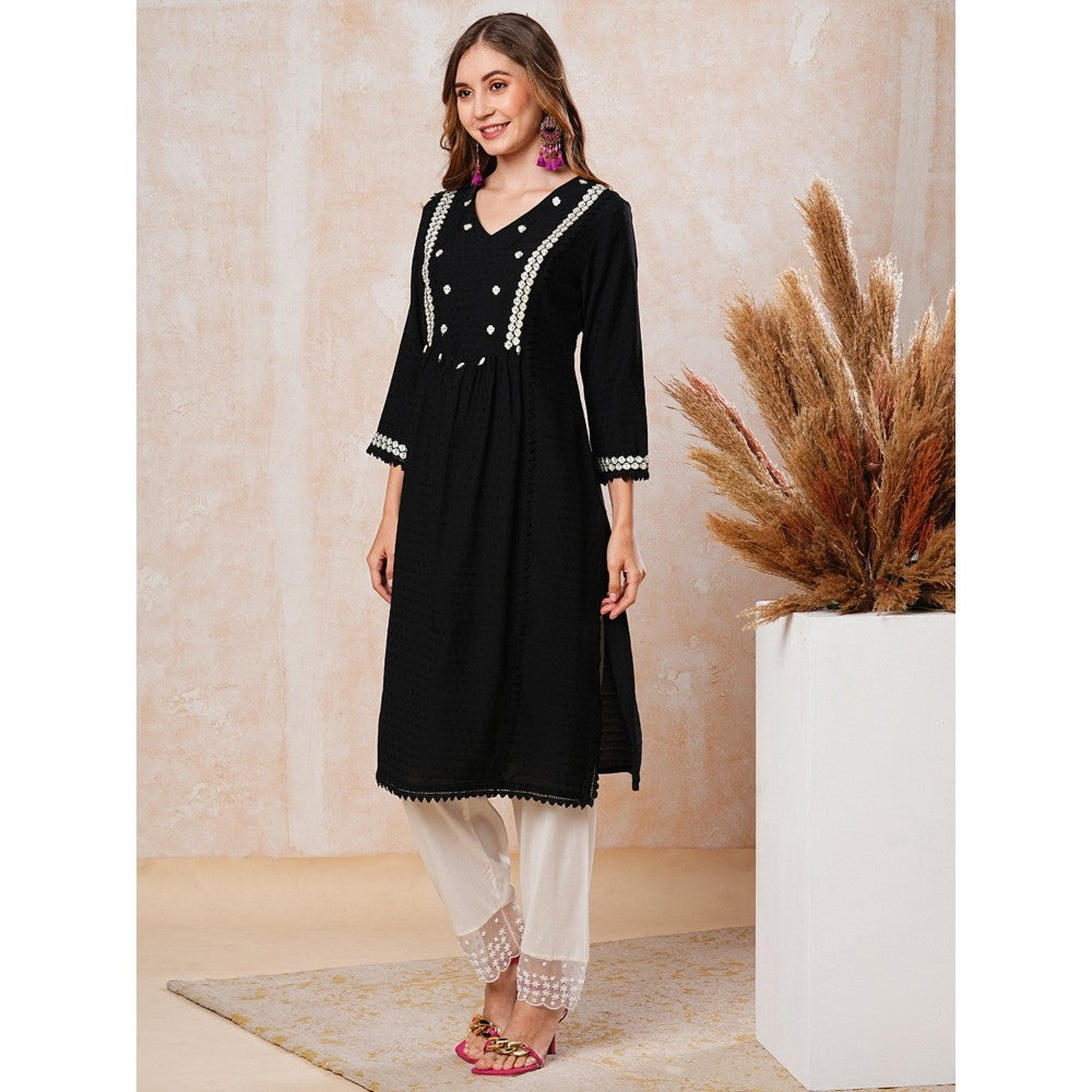 FASHOR Resham Embroidered Kurta - Black