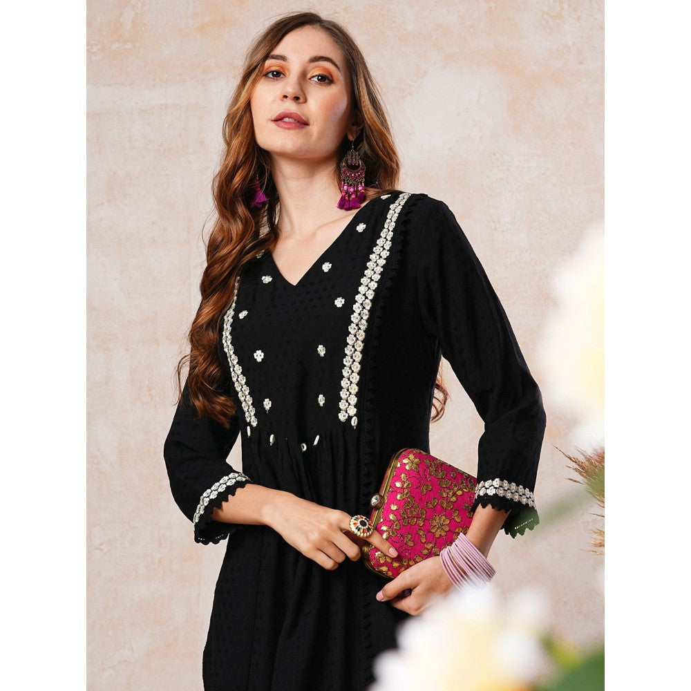 FASHOR Resham Embroidered Kurta - Black