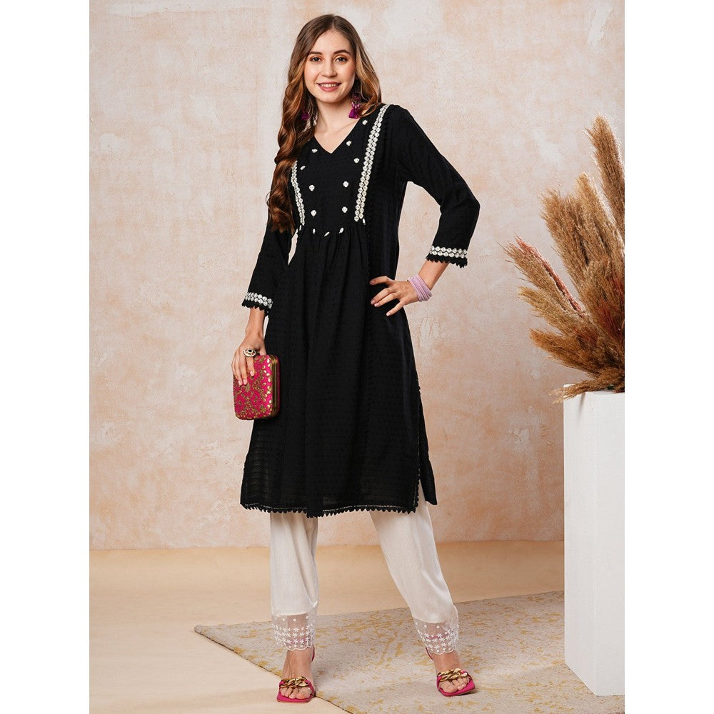 FASHOR Resham Embroidered Kurta - Black