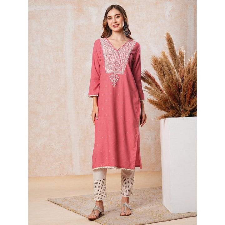 FASHOR Resham Embroidered Kurta - Peach