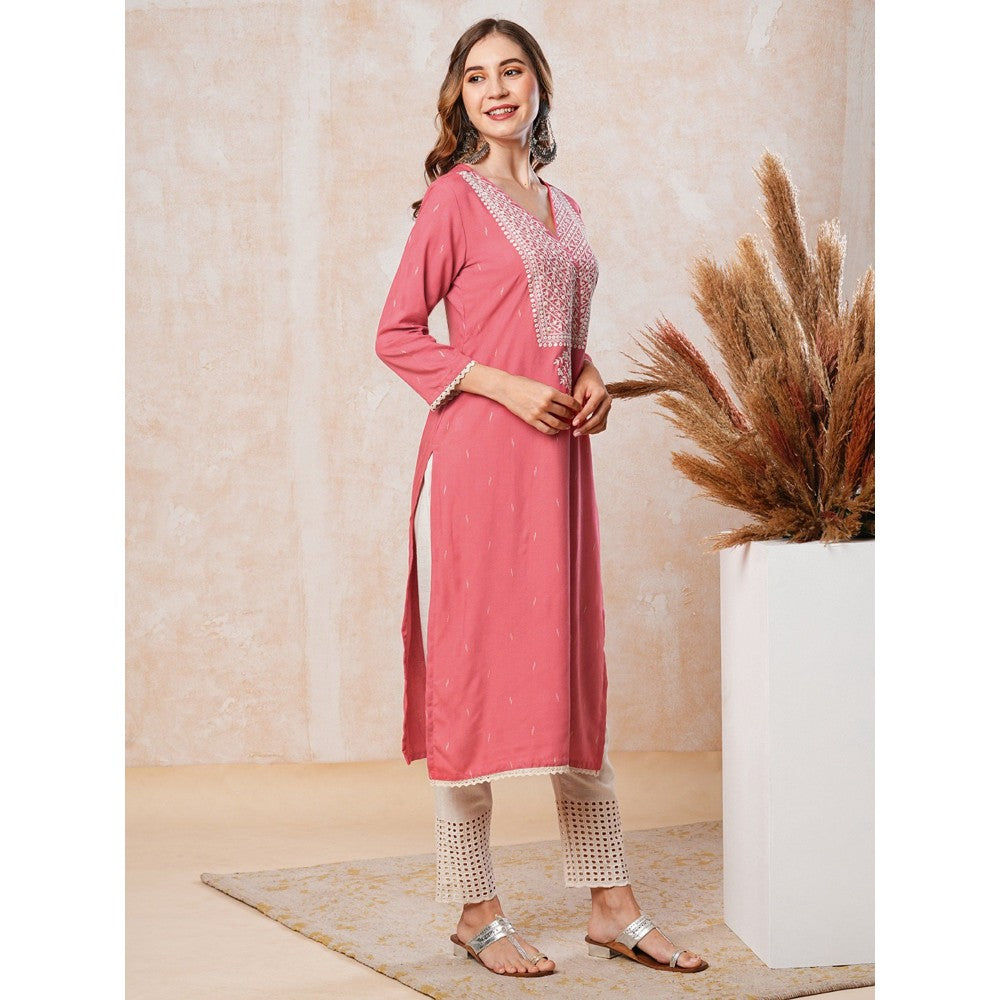 FASHOR Resham Embroidered Kurta - Peach