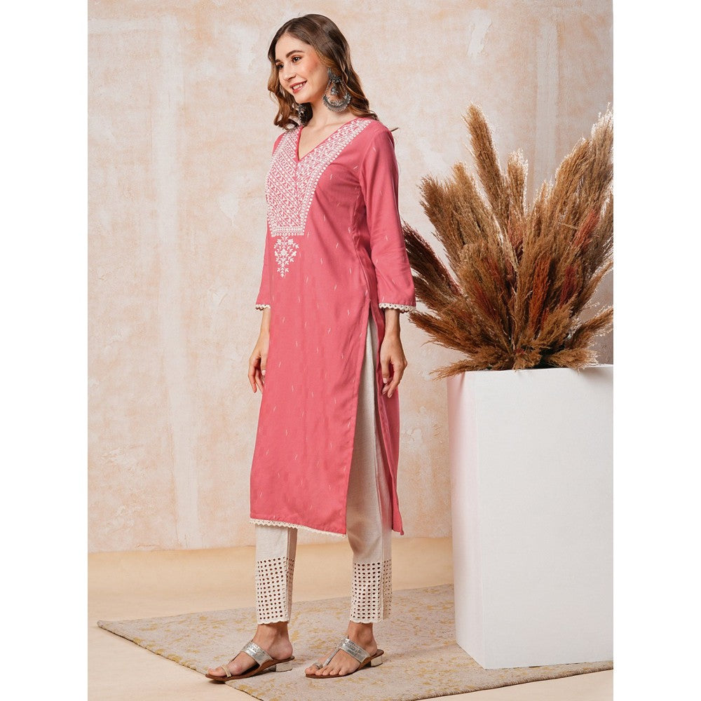 FASHOR Resham Embroidered Kurta - Peach