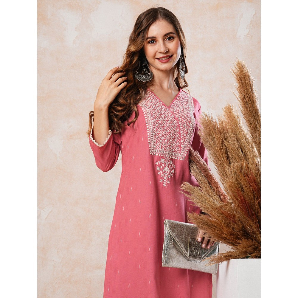 FASHOR Resham Embroidered Kurta - Peach