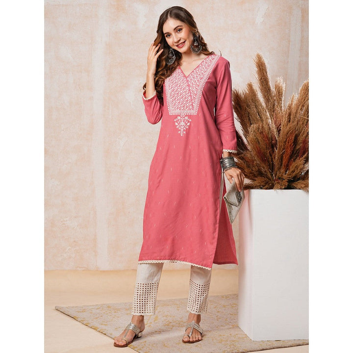 FASHOR Resham Embroidered Kurta - Peach