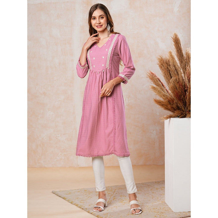 FASHOR Dobby Striped Resham Embroidered Kurta - Pink