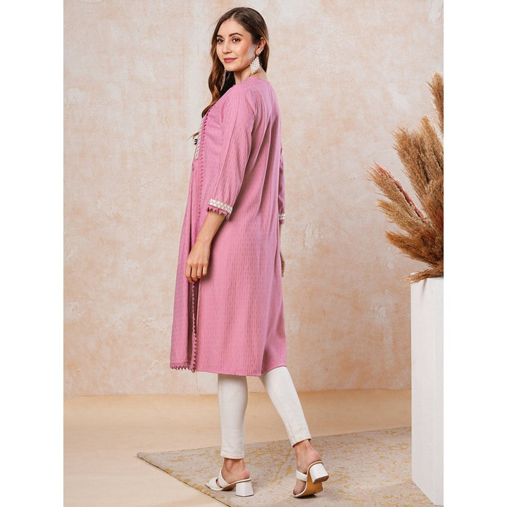 FASHOR Dobby Striped Resham Embroidered Kurta - Pink