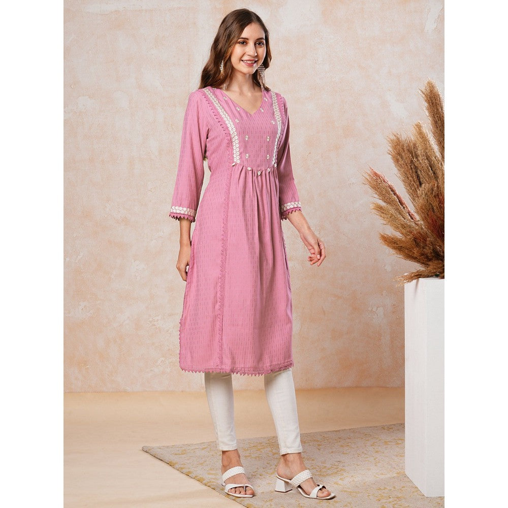 FASHOR Dobby Striped Resham Embroidered Kurta - Pink