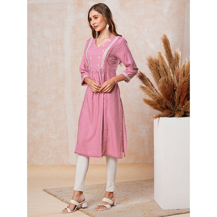 FASHOR Dobby Striped Resham Embroidered Kurta - Pink