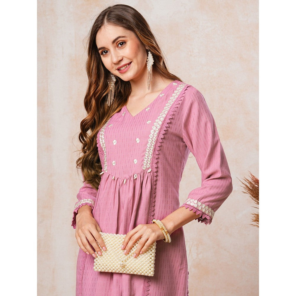 FASHOR Dobby Striped Resham Embroidered Kurta - Pink