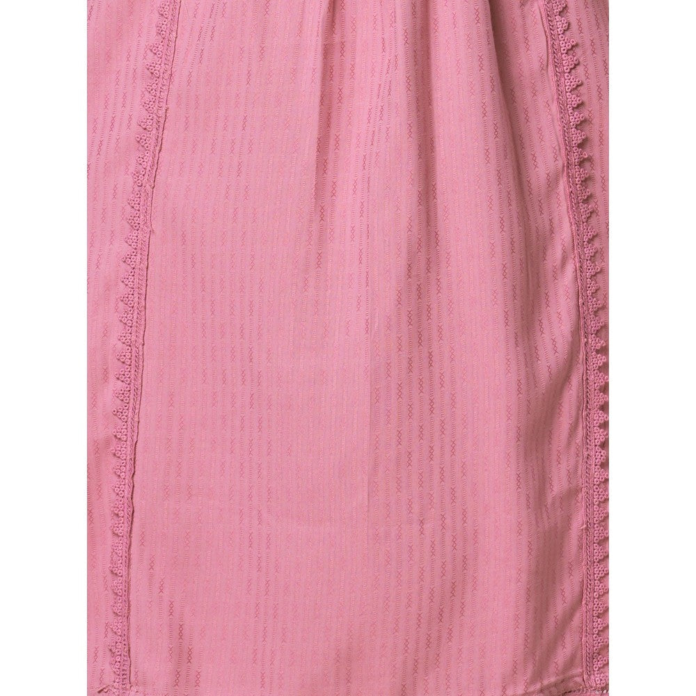 FASHOR Dobby Striped Resham Embroidered Kurta - Pink