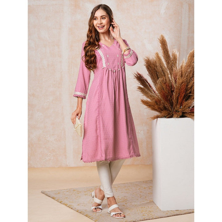 FASHOR Dobby Striped Resham Embroidered Kurta - Pink