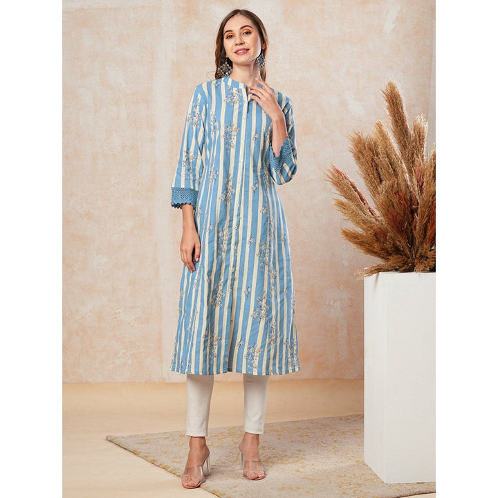 FASHOR Stripes & Printed Crochet Lace Embellished Kurta - Blue