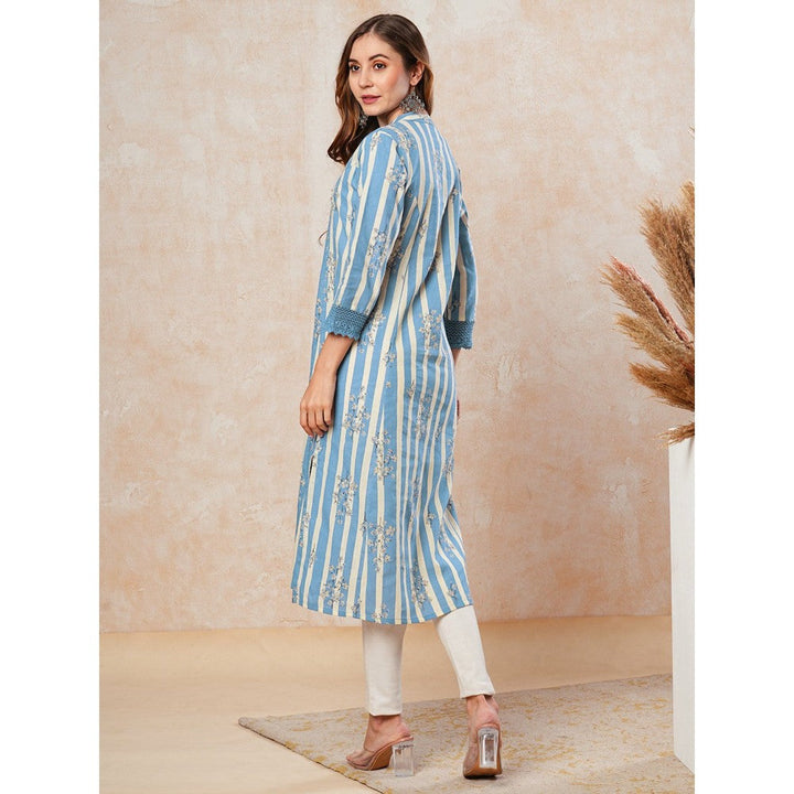 FASHOR Stripes & Printed Crochet Lace Embellished Kurta - Blue