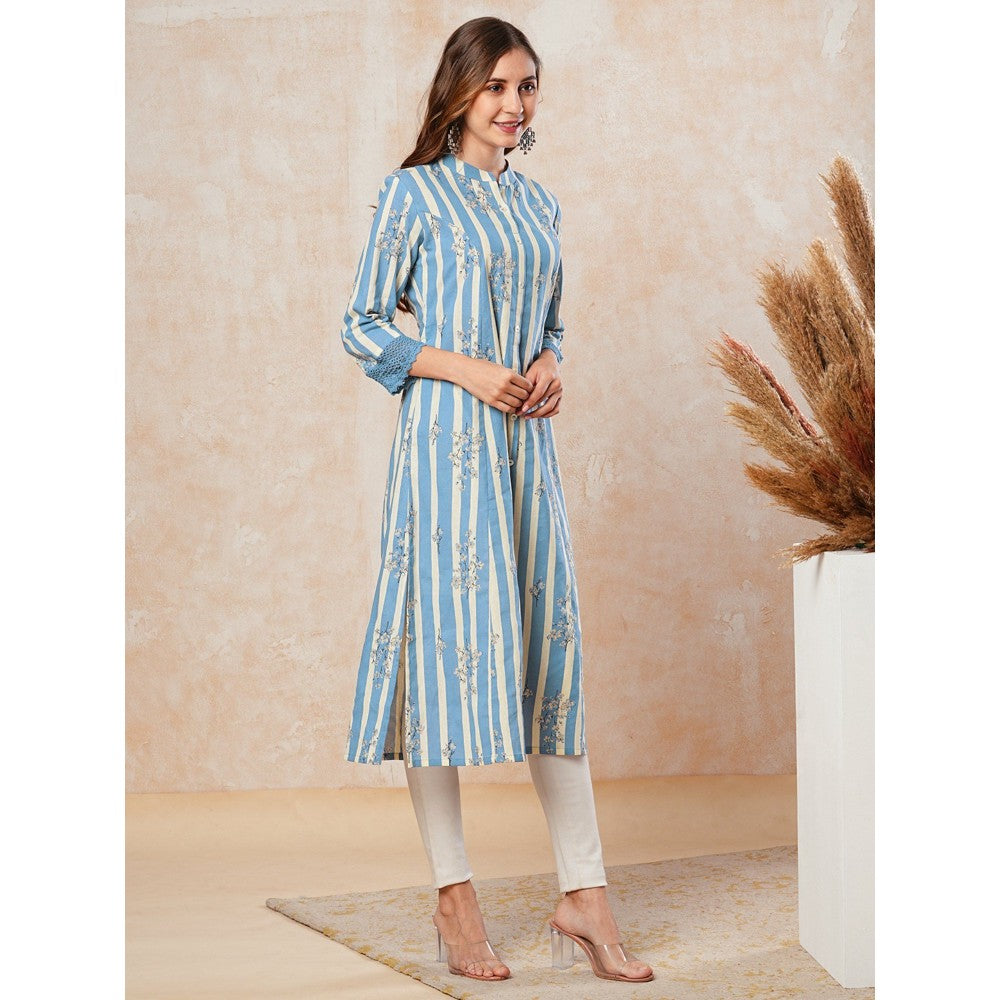 FASHOR Stripes & Printed Crochet Lace Embellished Kurta - Blue