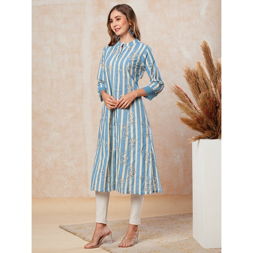 FASHOR Stripes & Printed Crochet Lace Embellished Kurta - Blue