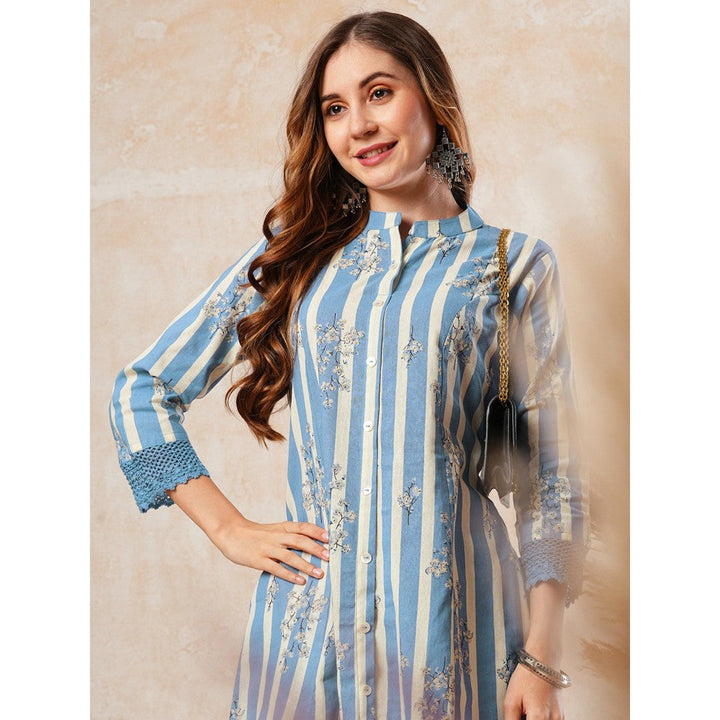 FASHOR Stripes & Printed Crochet Lace Embellished Kurta - Blue