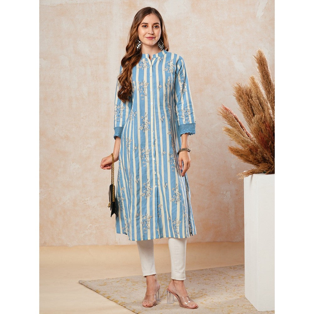 FASHOR Stripes & Printed Crochet Lace Embellished Kurta - Blue