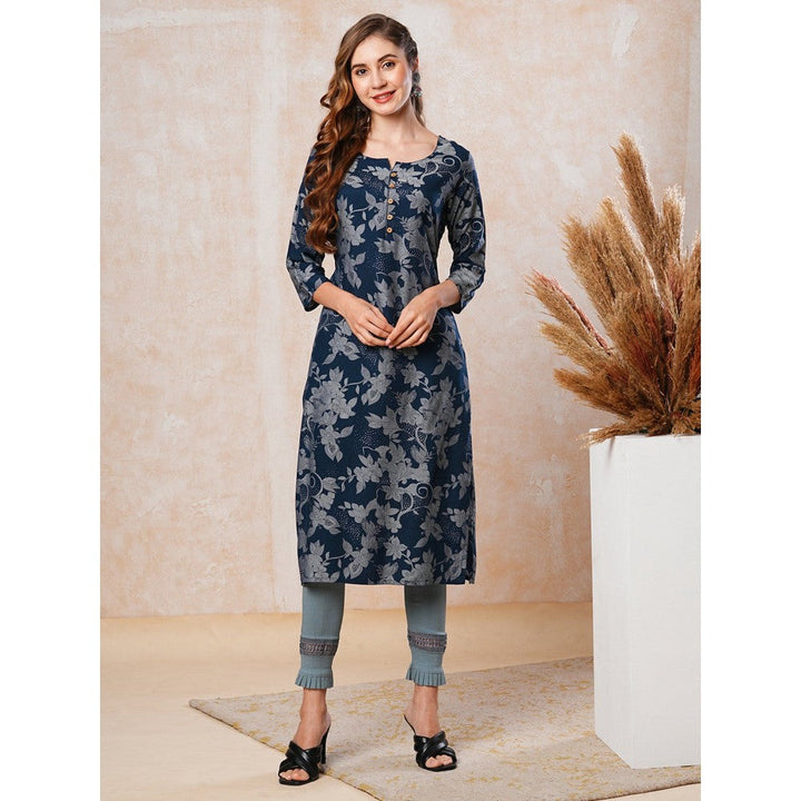 FASHOR Floral Printed Straight Fit Kurta - Navy Blue