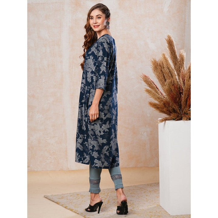 FASHOR Floral Printed Straight Fit Kurta - Navy Blue