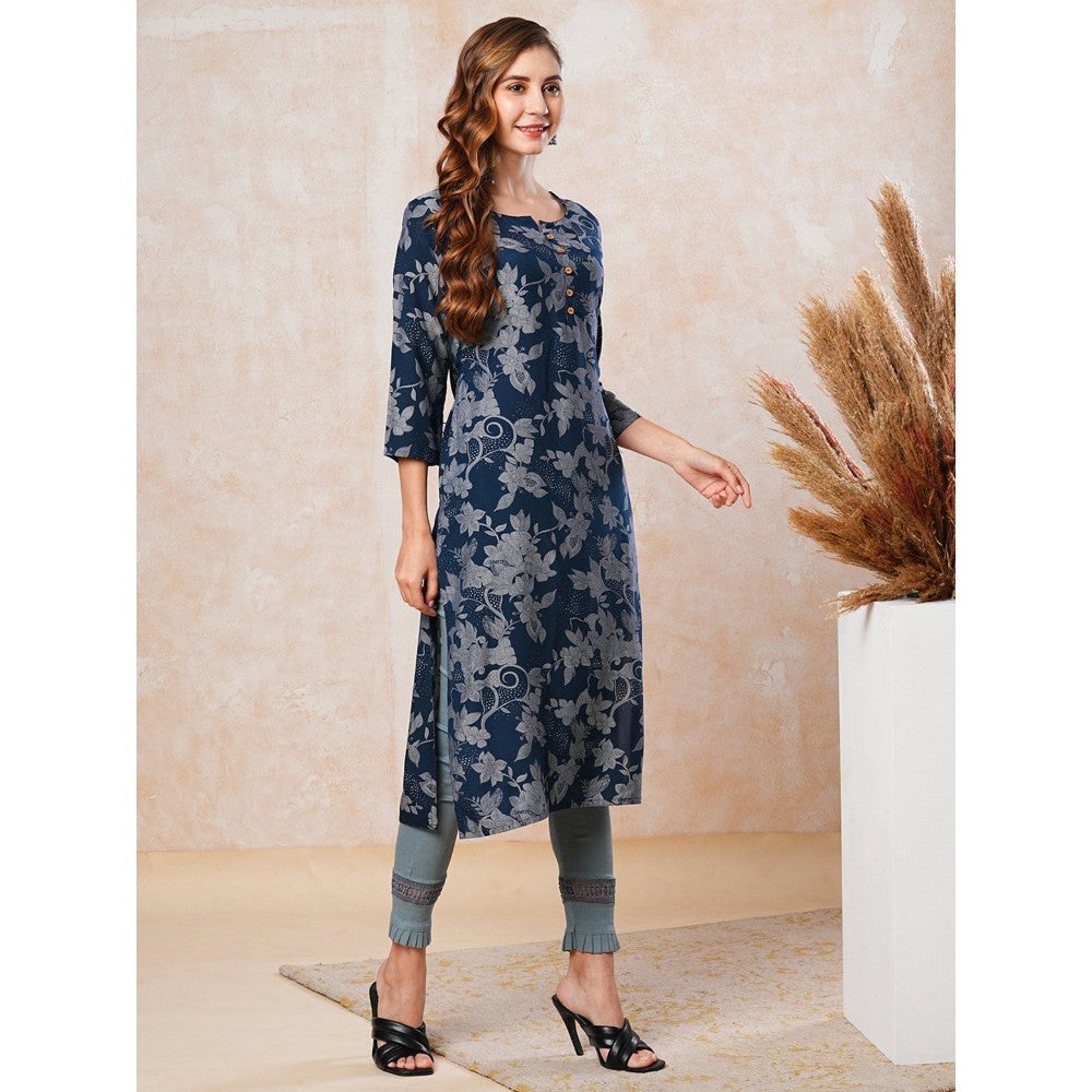 FASHOR Floral Printed Straight Fit Kurta - Navy Blue