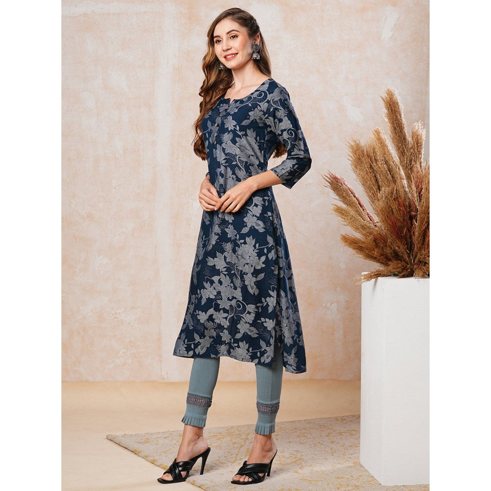 FASHOR Floral Printed Straight Fit Kurta - Navy Blue