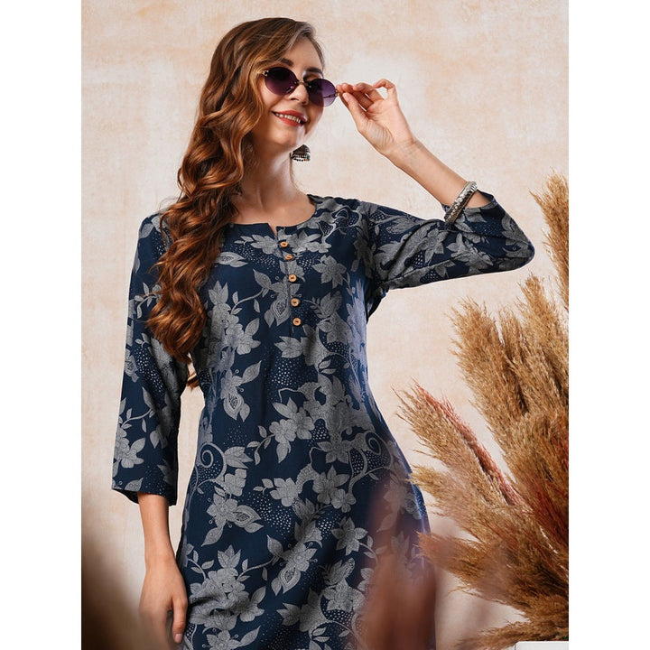 FASHOR Floral Printed Straight Fit Kurta - Navy Blue