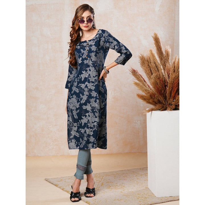 FASHOR Floral Printed Straight Fit Kurta - Navy Blue