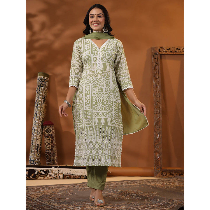 FASHOR Multi Printed Kurta with Pants & Dupatta - Green (Set of 3)