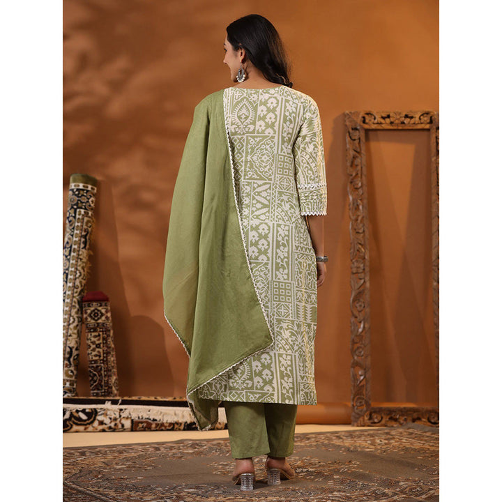 FASHOR Multi Printed Kurta with Pants & Dupatta - Green (Set of 3)