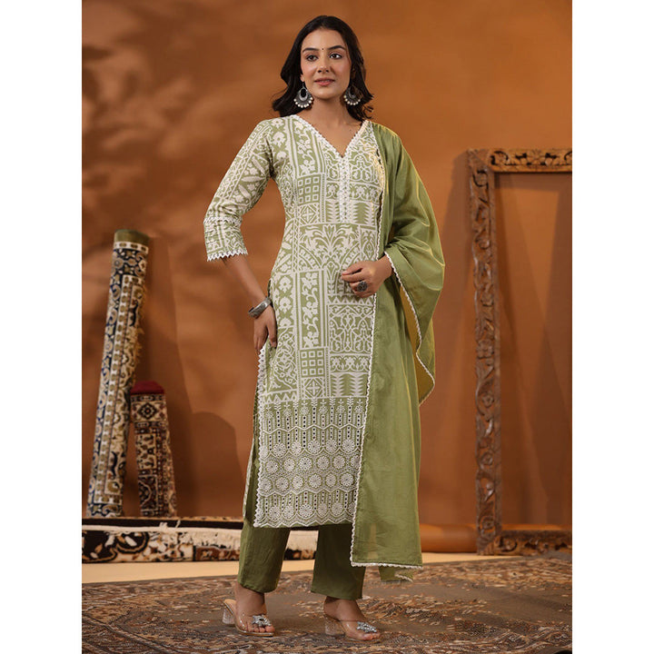 FASHOR Multi Printed Kurta with Pants & Dupatta - Green (Set of 3)