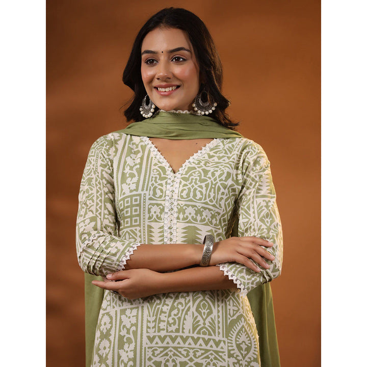 FASHOR Multi Printed Kurta with Pants & Dupatta - Green (Set of 3)