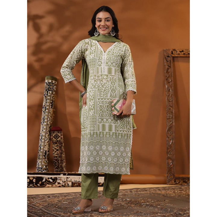 FASHOR Multi Printed Kurta with Pants & Dupatta - Green (Set of 3)