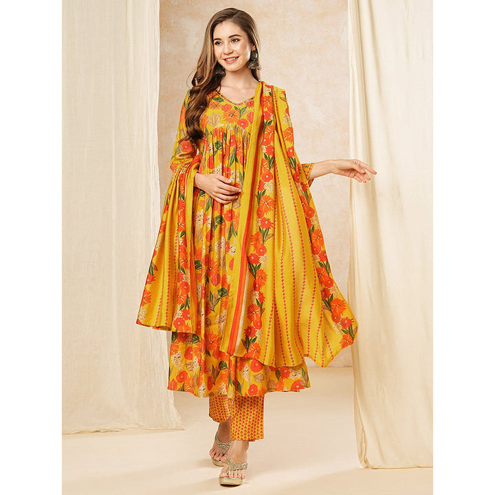 FASHOR Floral Printed Kurta with Pants & Dupatta - Yellow (Set of 3)