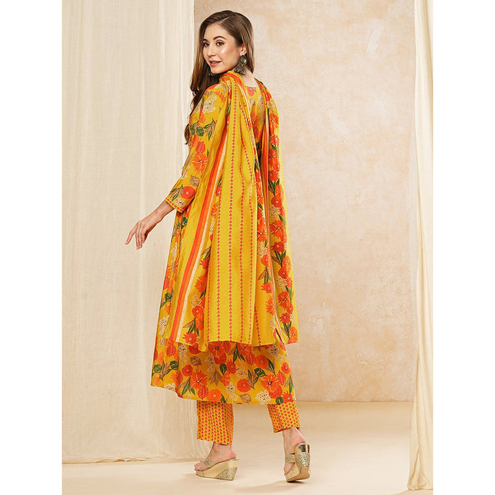 FASHOR Floral Printed Kurta with Pants & Dupatta - Yellow (Set of 3)